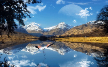 Картинка 3д графика atmosphere mood атмосфера настроения планета отражение горы фламинго озеро