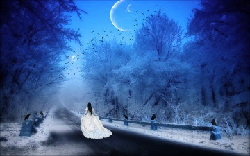 Картинка 3д графика atmosphere mood атмосфера настроения птицы иней зима лес девушка дорога планеты