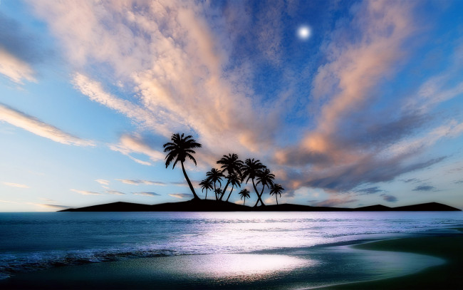 Обои картинки фото 3д, графика, nature, landscape, природа, острова, пляж, океан, облака, небо, пальмы