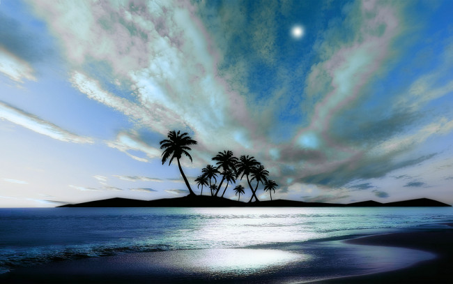 Обои картинки фото 3д, графика, sea, undersea, море, океан, облака, небо, пальмы, острова, пляж