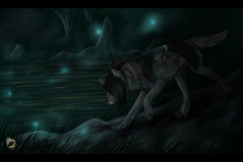 обоя рисованные, животные,  волки, река, ночь, волк