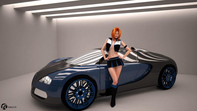 Обои картинки фото автомобили, 3d car&girl, фон, автомобиль, взгляд, девушка