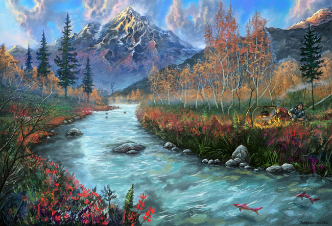 Обои картинки фото рисованные, живопись, пейзаж, костёр, рыбы, человек, камни, горы, река