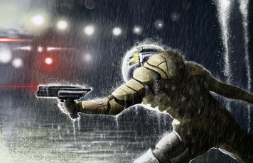 Картинка фэнтези роботы +киборги +механизмы дождь пистолет скафандр солдат мир иной