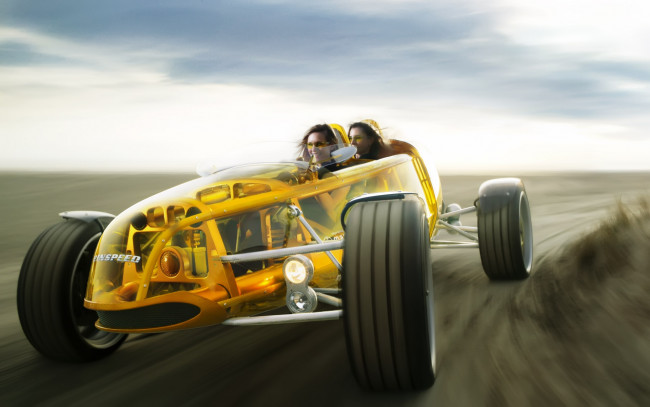 Обои картинки фото автомобили, rinspeed, скорость, желтый, девушки, концепт