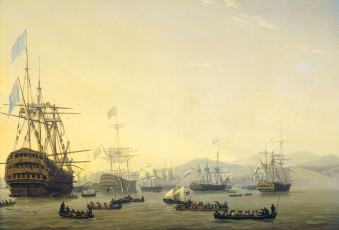 Картинка рисованное живопись nicolaas baur военный суд на борту королевы шарлотты морской пейзаж картина