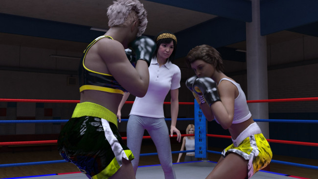 Обои картинки фото 3д графика, спорт , sport, девушки, ринг, бокс, фон, взгляд
