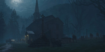 Картинка фэнтези иные+миры +иные+времена церковь люди машина туман
