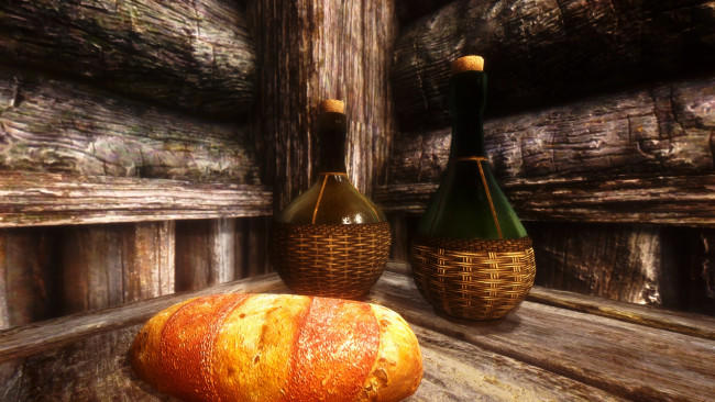 Обои картинки фото видео игры, the elder scrolls v,  skyrim, дом, угол, стол, хлеб, бутылки