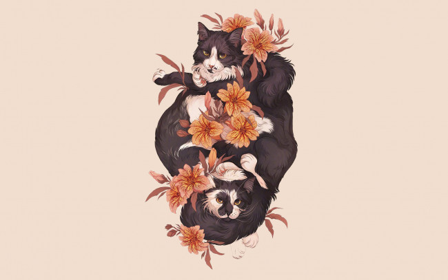 Обои картинки фото рисованное, животные,  коты, кошки, цветы