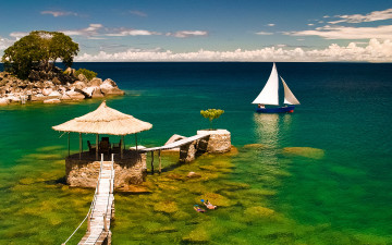 Картинка tropical природа реки озера побережье океан мостки тропический рай яхта островок мозамбик lake malawi озеро малави ньяса