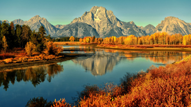 Обои картинки фото autumn, природа, реки, озера, осень, лес, горы, река, grand, teton, national, park, отражение, пейзаж