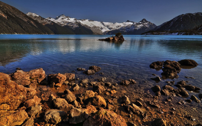 Обои картинки фото природа, реки, озера, озеро, камни, горы, снег