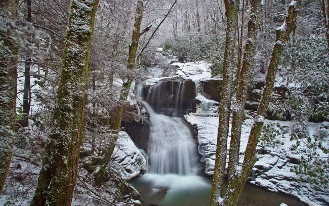 Обои картинки фото природа, водопады, камни, вода, деревья, снег