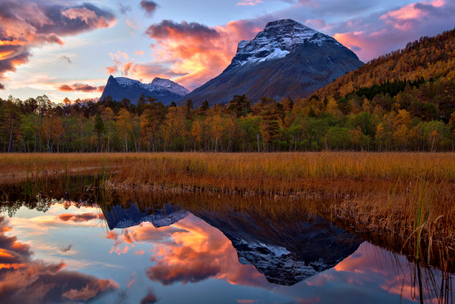 Обои картинки фото осень, природа, реки, озера, озеро, горы, лес, norway, норвегия, деревья, отражение, пейзаж