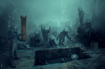 Картинка фэнтези люди иной мир похороны могила лопата водолазы подводный