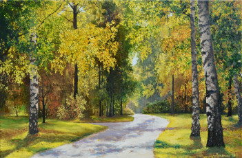 Картинка рисованное живопись картина природа холст деревья дорога лес трава пейзаж луценко тропа в осеннем наряде кусты