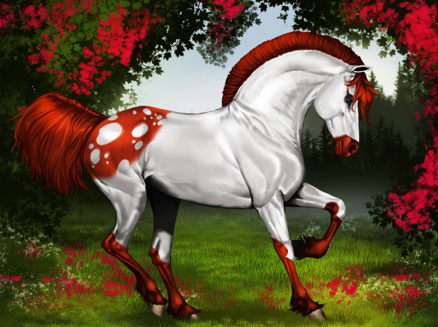 Обои картинки фото рисованное, животные,  лошади, грива, цветы, зелень, лес, лошадь, moulin, rouge, forest, рисунок, хвост