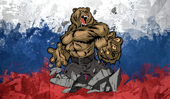 Обои картинки фото рисованное, животные, флаг, россия, арт, белый, красный, медведь, сини