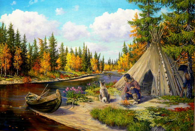 Обои картинки фото рисованное, андрей лях, река, природа, андрей, лях, арт, собака, лодка, тайга, охотник