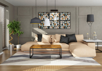 Картинка 3д+графика реализм+ realism диван подушки хай-тек интерьер дизайн лампа стиль