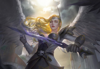 Картинка фэнтези ангелы ангел angel крылья меч арт оружие доспехи девушка взгляд