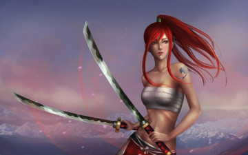 Картинка аниме fairy+tail меч взгляд фон девушка