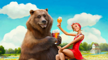 обоя юмор и приколы, девушка, медведь, пиво, маша, красный, кружка, юмор, прикол, животное, блондинка, улыбка