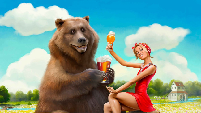 Обои картинки фото юмор и приколы, девушка, медведь, пиво, маша, красный, кружка, юмор, прикол, животное, блондинка, улыбка