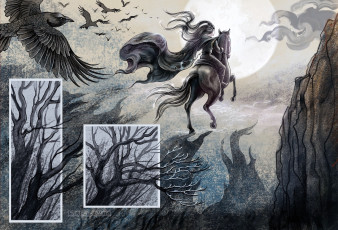 Картинка рисованное кино +мультфильмы сюэ ян всадник деревья ночь вороны