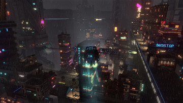 обоя видео игры, cloudpunk, будущее, город, огни, дождь