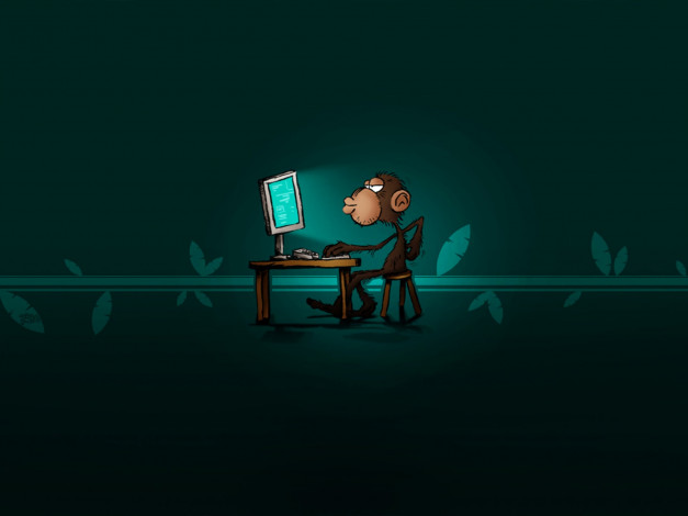 Обои картинки фото рисованное, животные,  обезьяны, обезьяна, компьютер