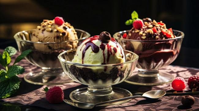 Обои картинки фото еда, мороженое,  десерты, креманки, ассорти, мята, малина