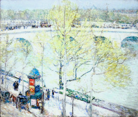 обоя рисованное, frederick childe hassam, деревья, река, мост, экипажи, люди