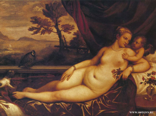 Обои картинки фото венера, купидон, рисованные, tiziano, vecellio