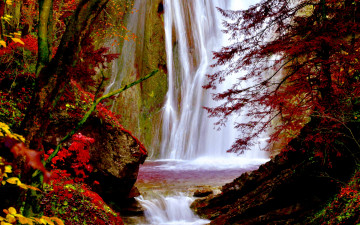 Картинка природа водопады водопад лес обрыв скалы река