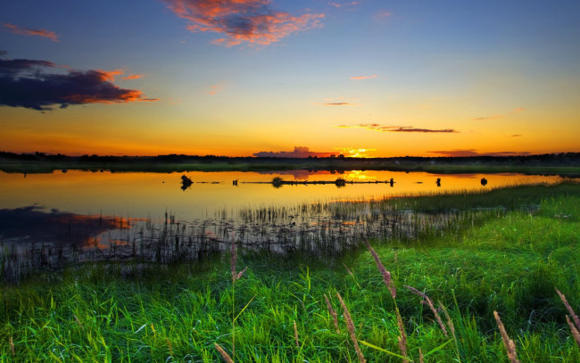 Обои картинки фото природа, восходы, закаты, восход, заря, озеро, трава