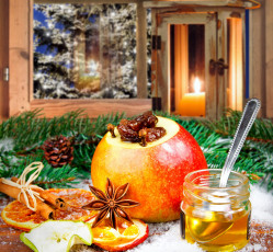 Картинка праздничные угощения корица бадьян изюм мед яблоко