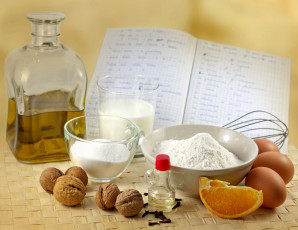 Картинка еда разное рецепт масло грецкие орехи апельсин яйца мука тетрадь тарелка