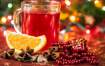Картинка праздничные угощения корица бусы апельсин бадьян глинтвейн