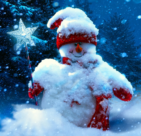 Обои картинки фото праздничные, снеговики, снег, шарф, шарочка, снеговик, зведочка