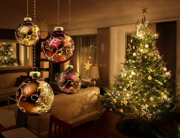 Обои картинки фото праздничные, Ёлки, комната, звезда, гирлянда, елка, шарики