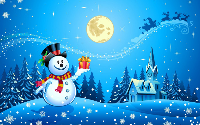 Обои картинки фото праздничные, векторная, графика, новый, год, holidays, year, new, christmas, happy, merry, new year, snowman, merry christmas, snow, trees, scarf, ice town, full moon, santa claus, reindeer, houses, clock, midnight, snowflakes, новый год, снеговик, с рождеством христовым, снег, деревья, шарф, ледяной городок, полная луна, санта-клаус, олени, дома, часы, полночь, снежинки