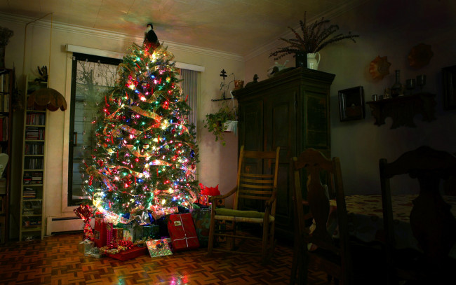 Обои картинки фото праздничные, Ёлки, качалка, елка, подарки, комната