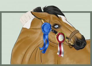 Картинка рисованное животные +лошади лошадь фон взгляд грива