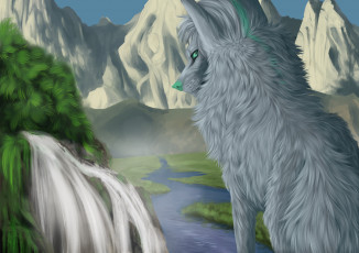 Картинка рисованное животные +волки река лес горы волк водопад