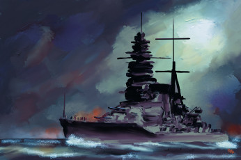 обоя корабли, рисованные, муцу, небо, море, флота, императорского, японского, линкор