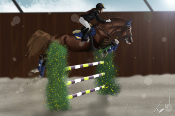 Картинка рисованное животные +лошади лошадь барьер наездник