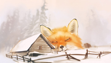 Картинка рисованное животные +лисы winter fox лиса дом