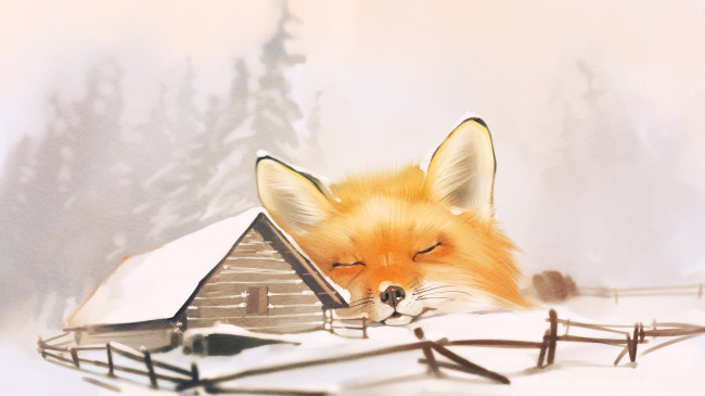Обои картинки фото рисованное, животные,  лисы, winter, fox, лиса, дом